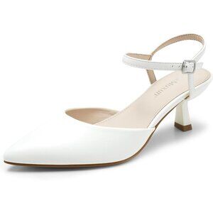 🆕White Faux Leather Women Pumps Pointed Toe Kitten Heels Ankle Strap Wedding